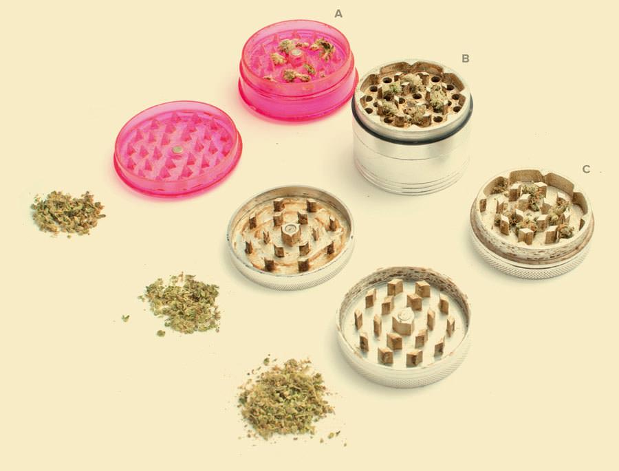 three grinders compared; plasic 2-piece, metal 4-piece, and metal 2-piece